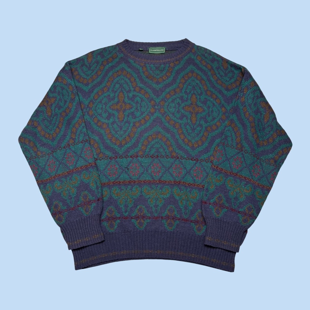 Clubfellow Mens Geometric Intarsia Knit Crewneck Sweater Purple Teal Brown M